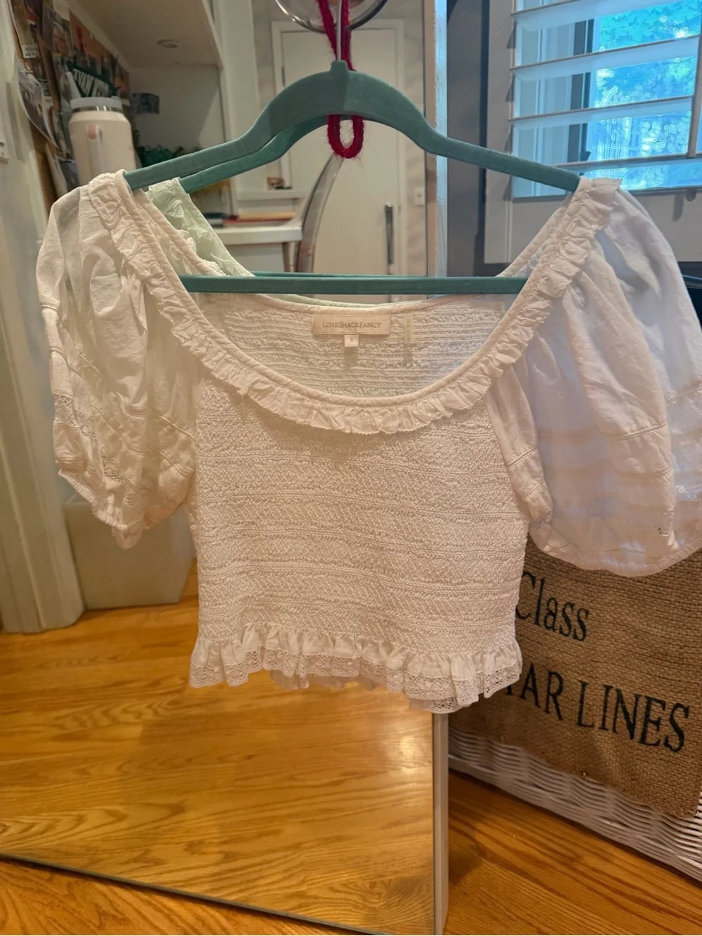LoveShackFancy White Smocked Lace-Trim Puff Sleeve Crop Top